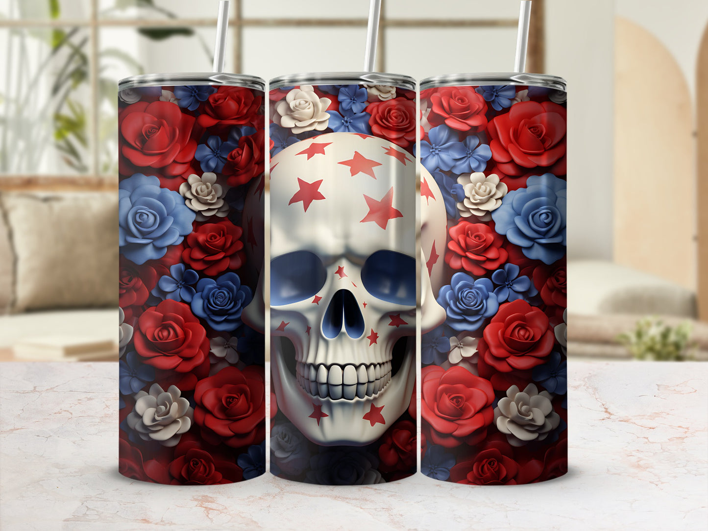 Tumbler with patriotic red, white, and blue flowers and a skull.