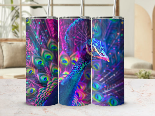 Three tumblers with iridescent peacock feather designs.