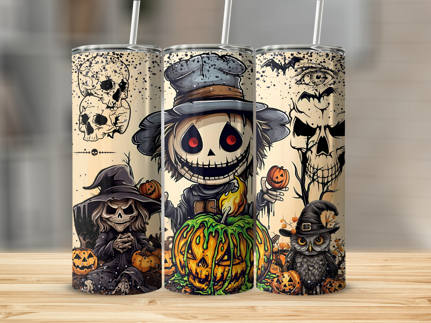 Spooky Halloween Themed Tumblers with Skeleton Design