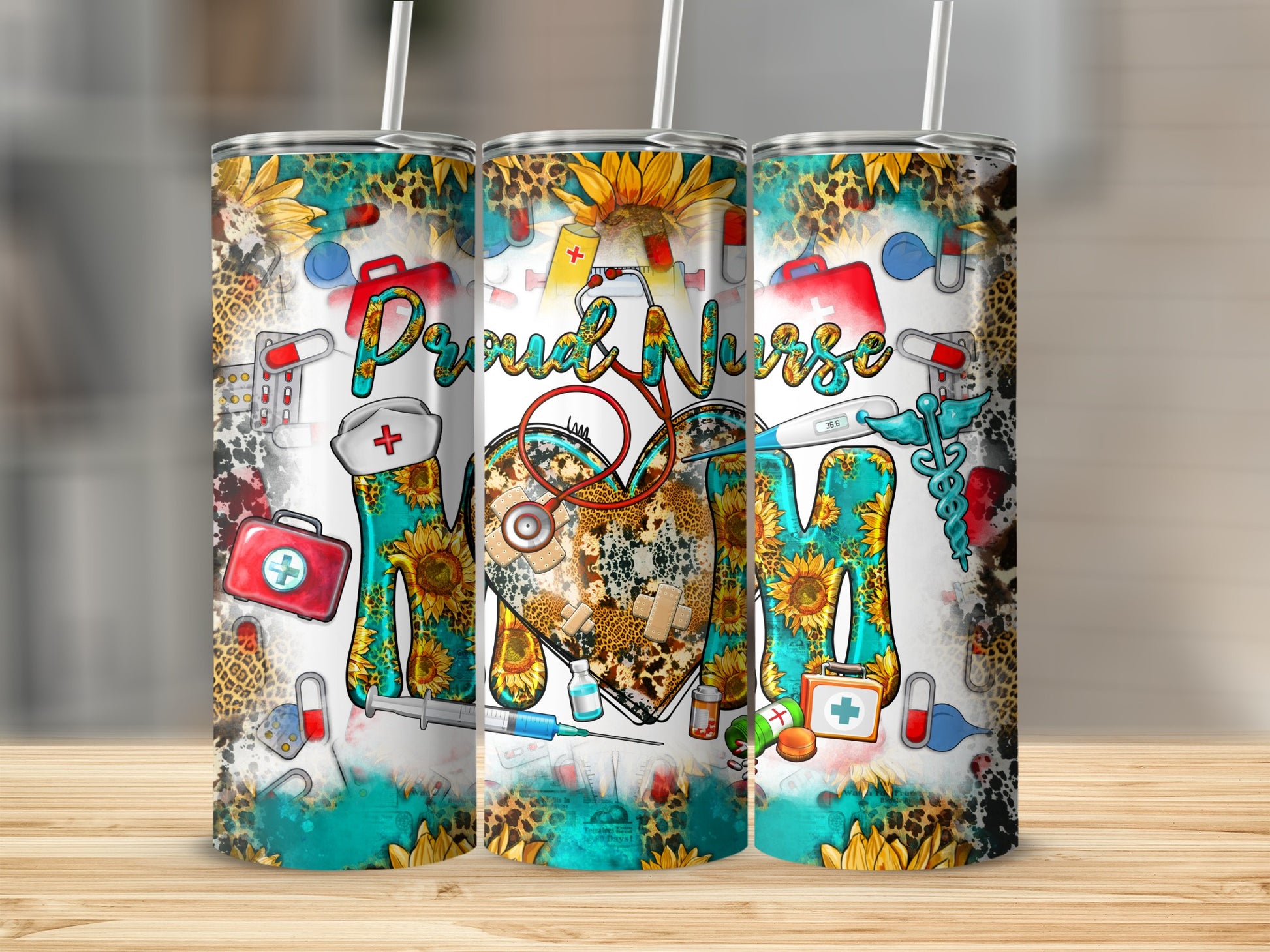 Proud Nurse Mom tumbler with medical icons and sunflowers.