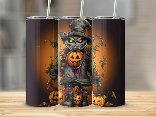 Halloween scarecrow with jack-o'-lanterns on tumblers against an orange gradient background.