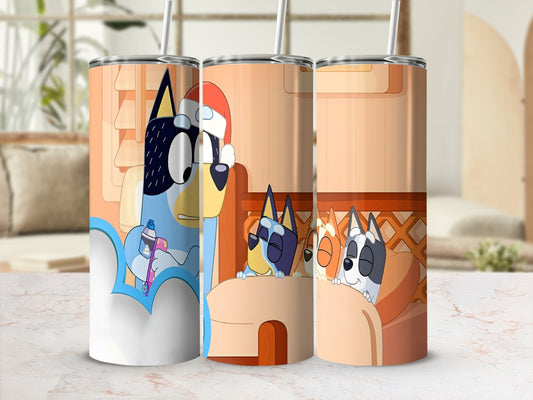 Bluey and Bingo characters sleeping in beds with Santa hats.