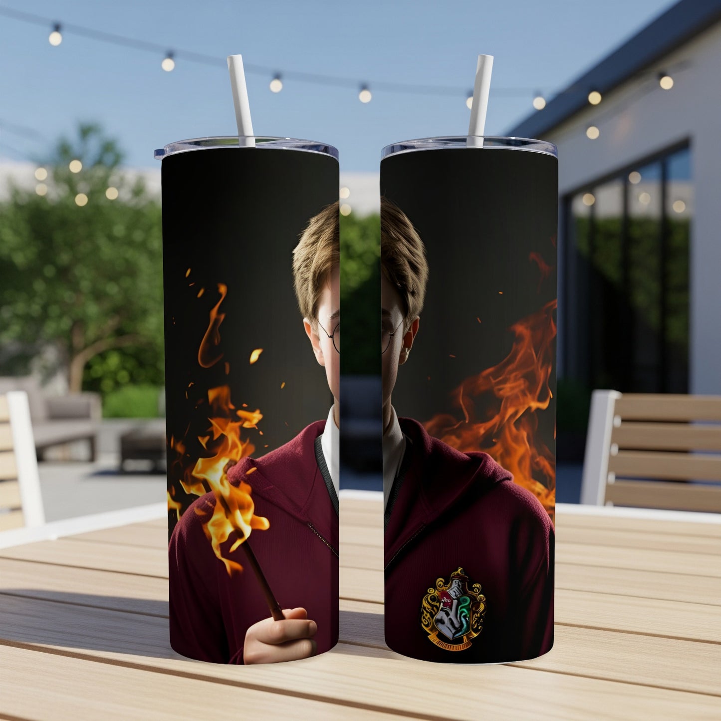 Harry Potter character in Gryffindor robe holding a wand with flames.
