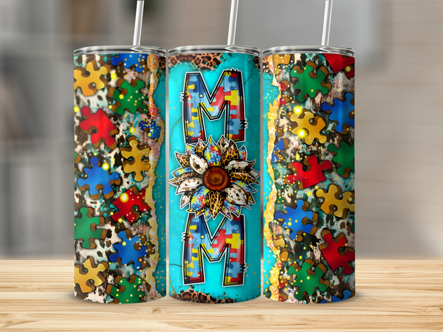 Mom tumbler with colorful puzzle pieces and sunflower design.
