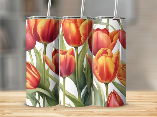 Three tumblers with a vibrant red and yellow tulip floral design.