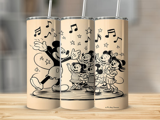 Mickey Mouse and friends dancing and singing, with musical notes and stars.