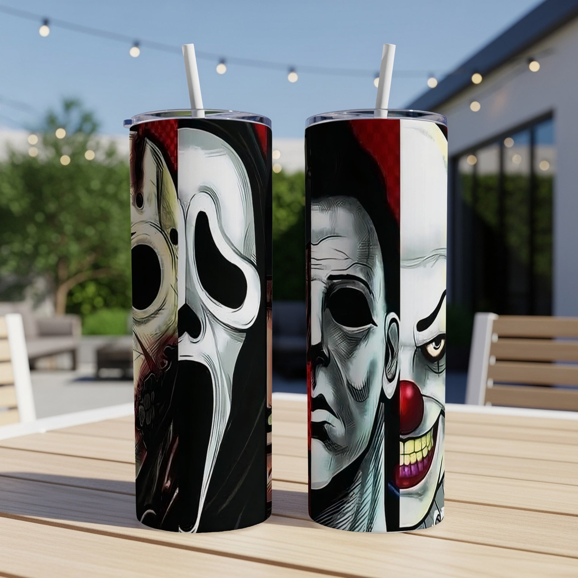Two tumblers display horror movie characters: Jason, Scream, Michael Myers, and Pennywise.