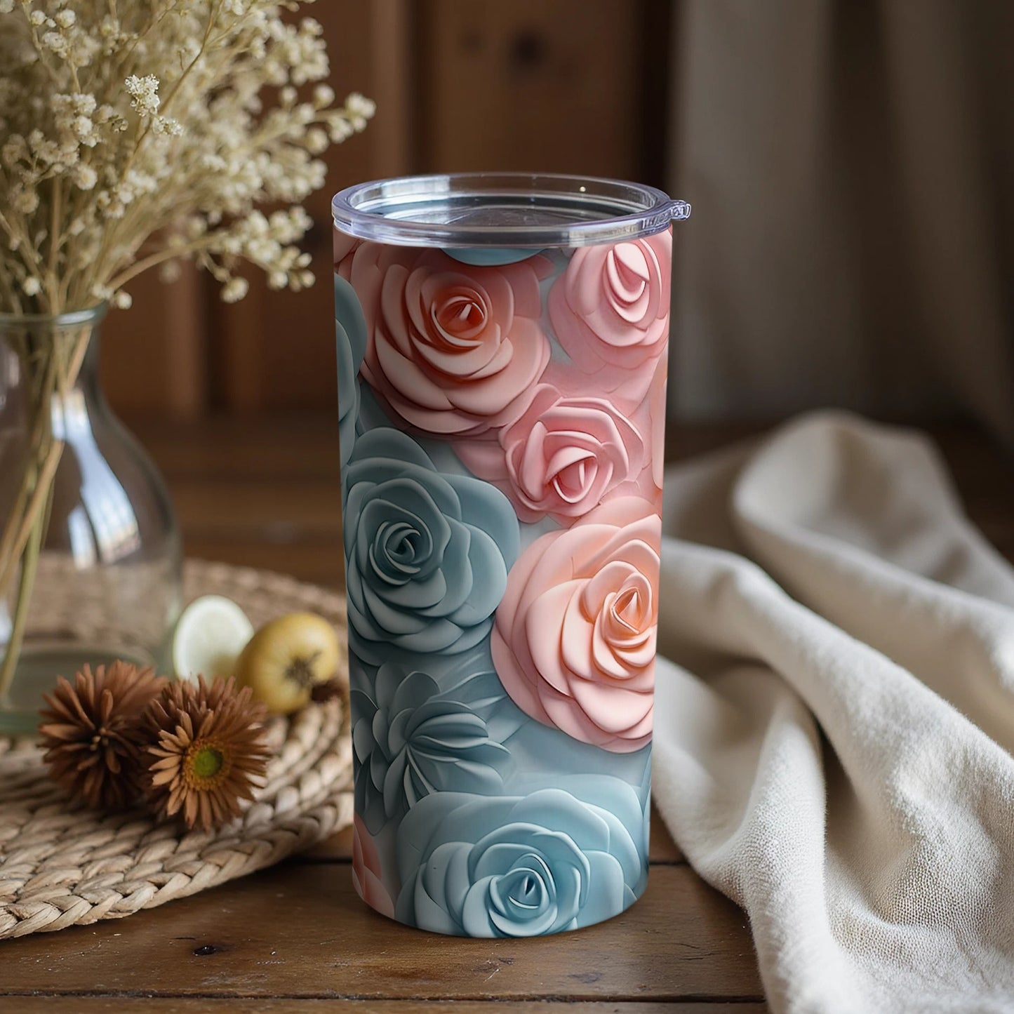 Floral Pattern Tumbler with Pink and Blue 3D Roses Design