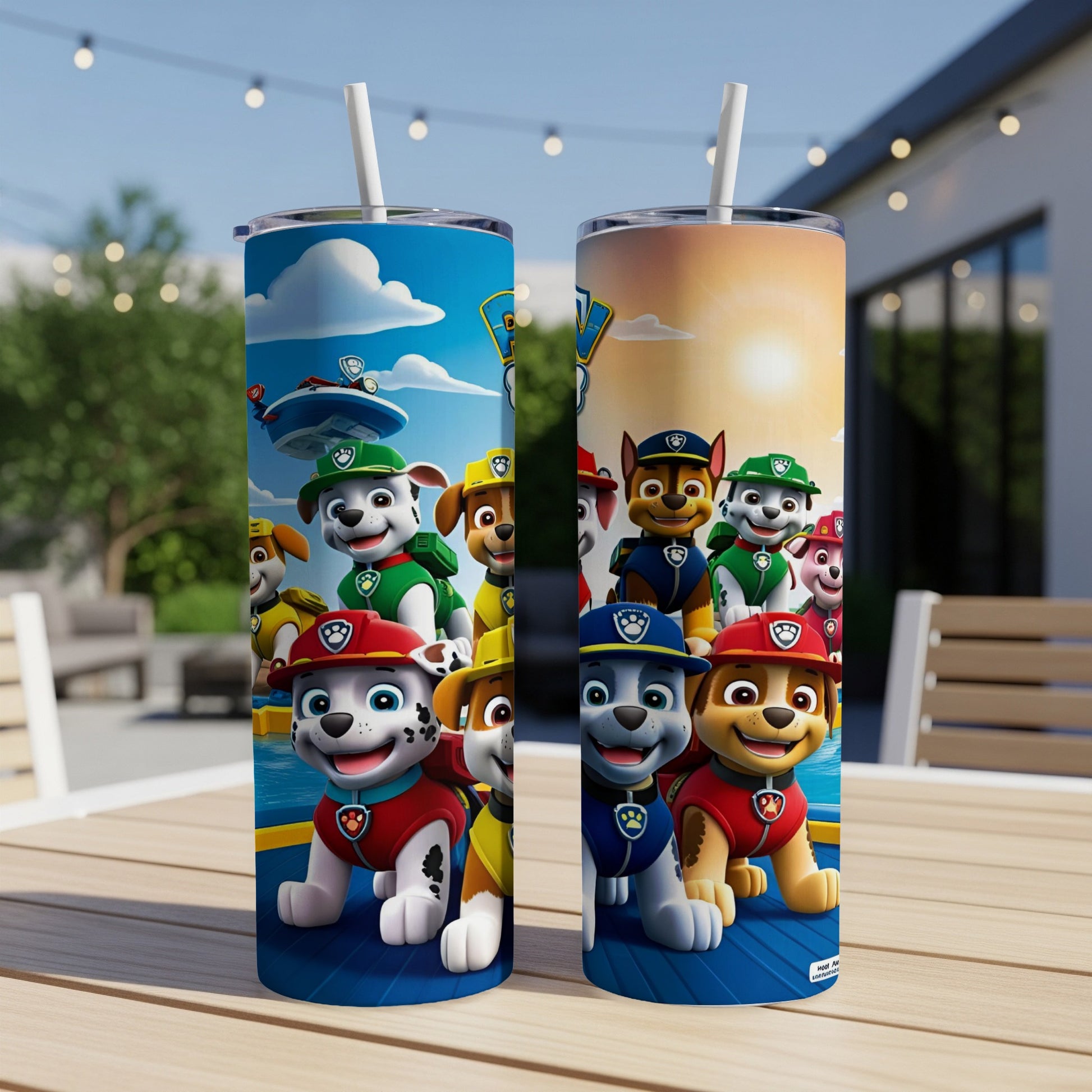 Paw Patrol characters on two tall tumblers outdoors.
