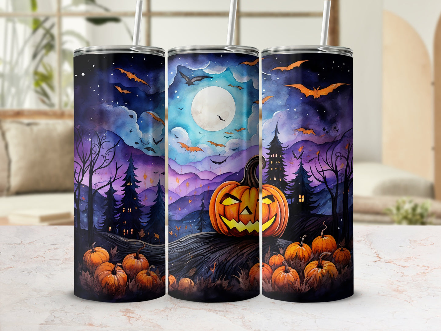 Spooky Halloween Night Scene with Pumpkins Tumbler