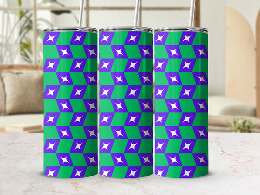 Three tumblers with a purple and green geometric star pattern.