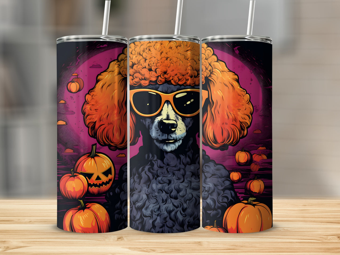 Dark poodle with orange hair and sunglasses on Halloween-themed tumblers with pumpkins.