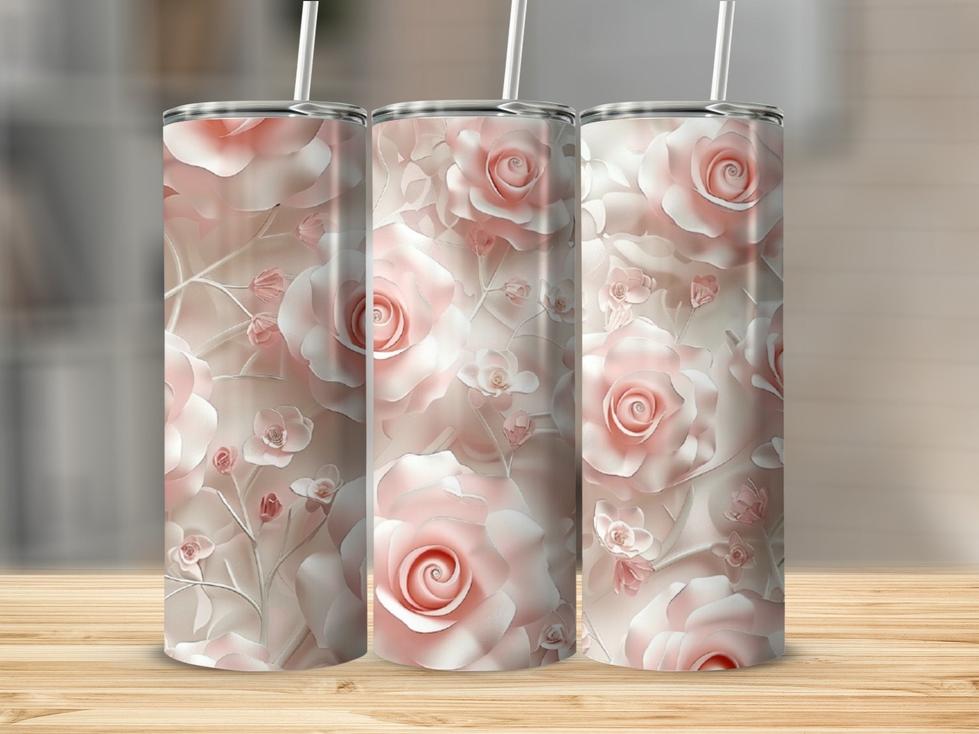Three tumblers with a soft pink rose floral design.