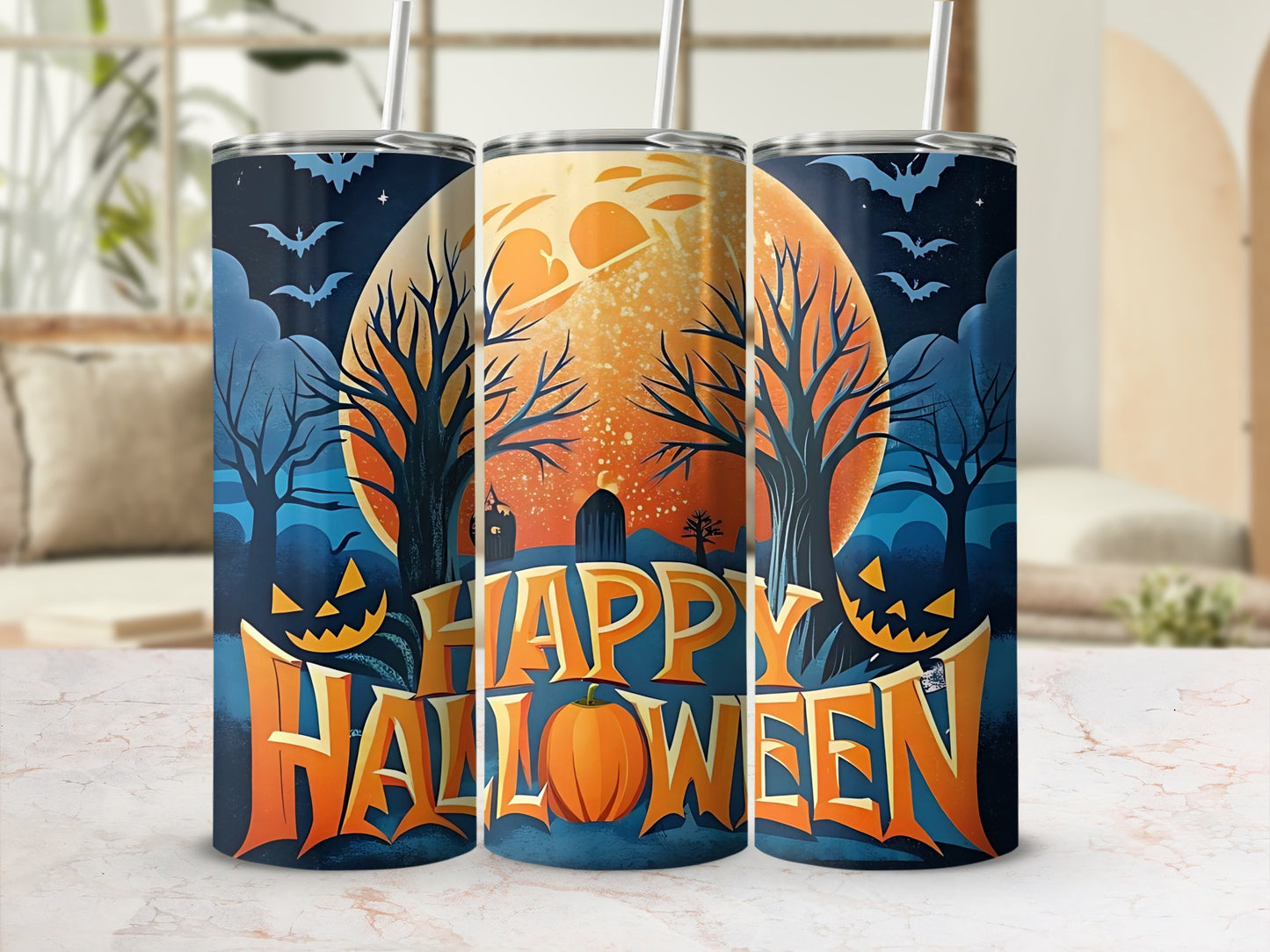 Three tumblers with a Halloween theme, featuring pumpkins, bats, and "Happy Halloween" text.