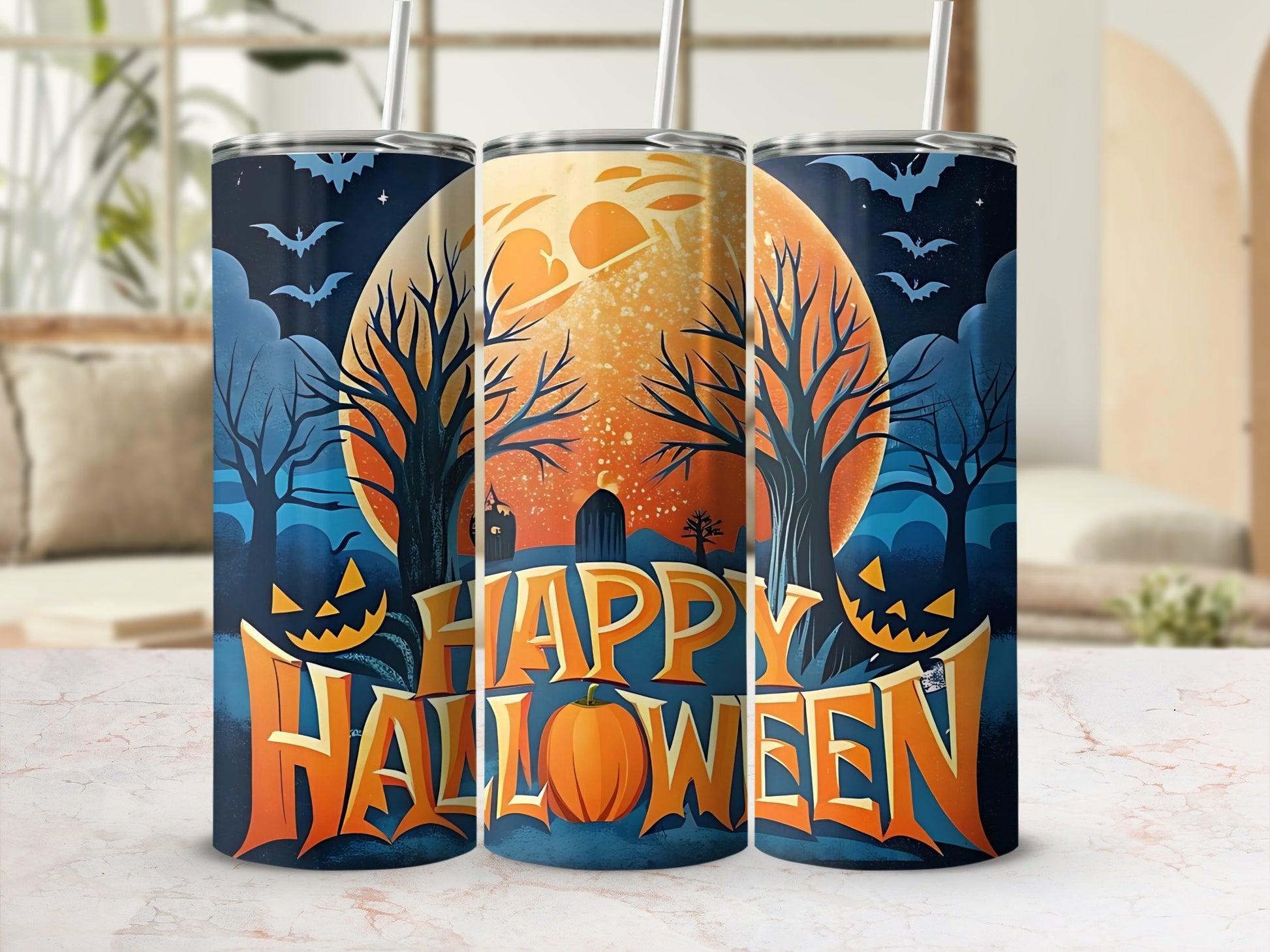 Three tumblers with a Halloween theme, featuring pumpkins, bats, and "Happy Halloween" text.