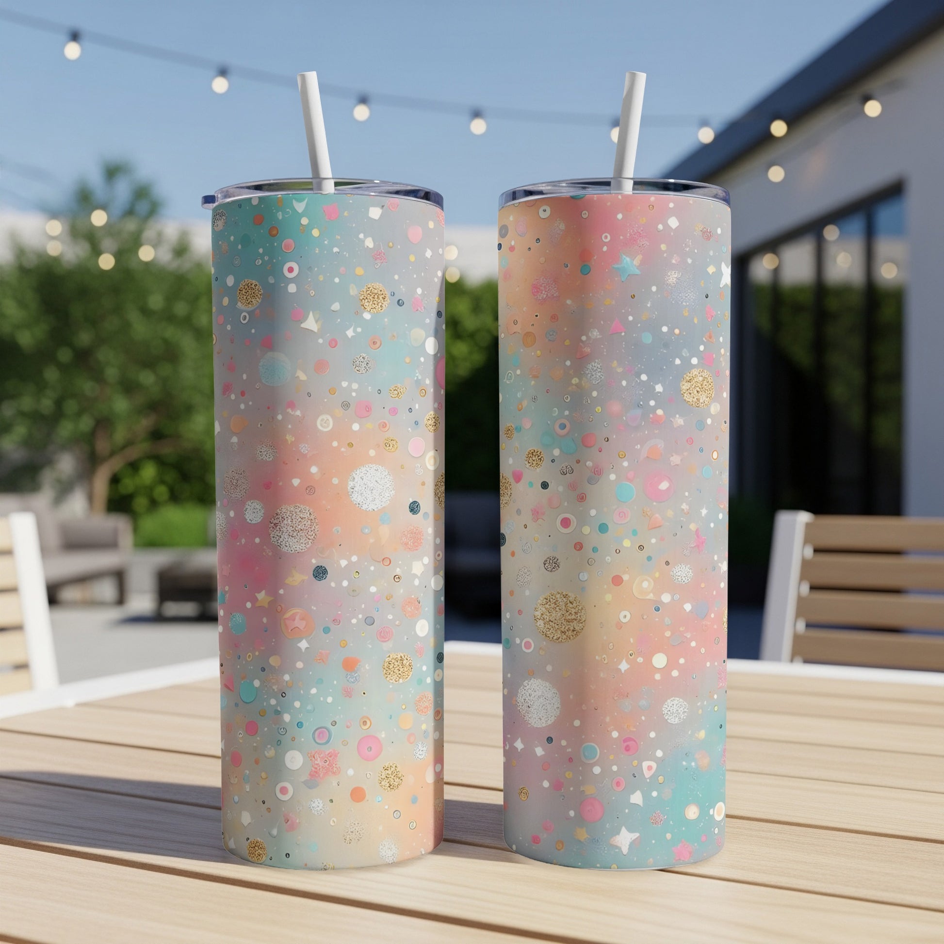 Two tumblers with a confetti and star pattern on a wooden table.