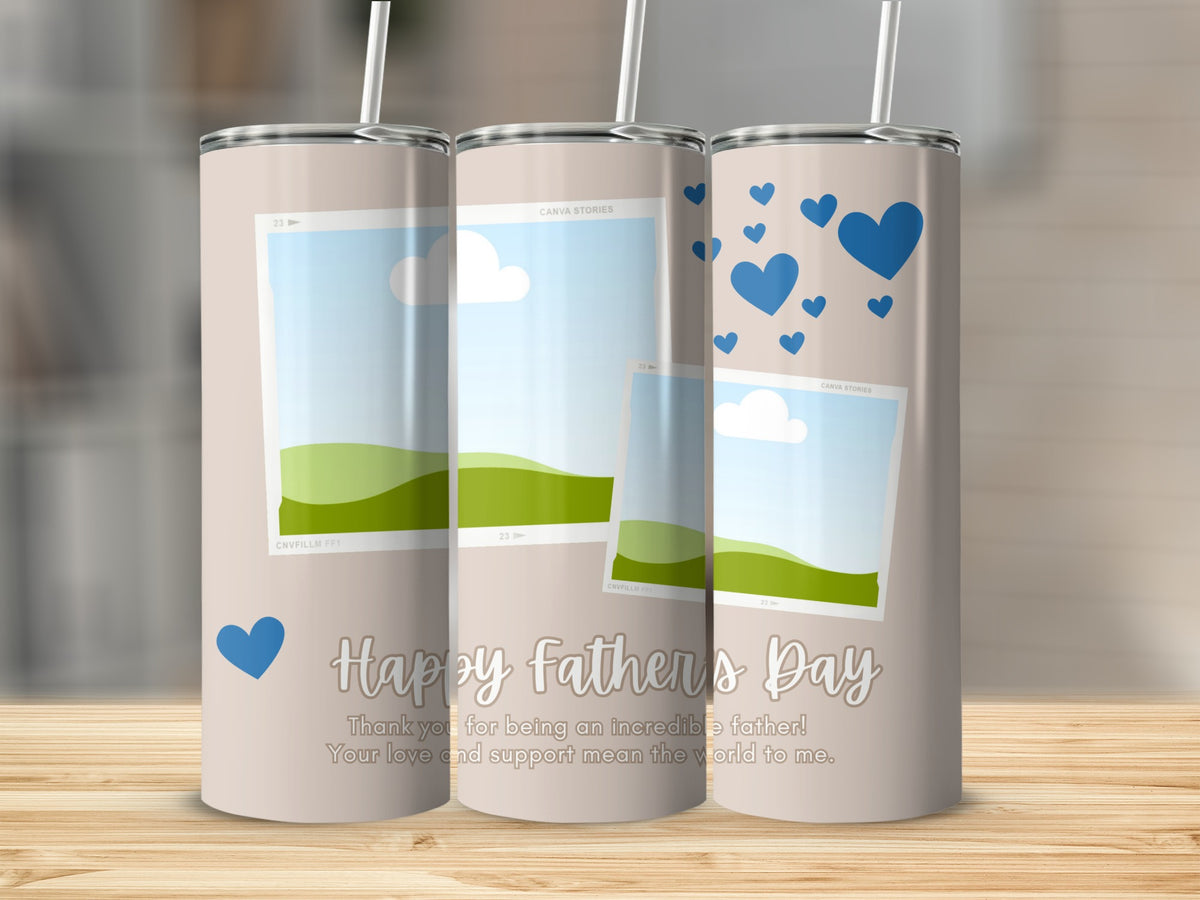 Tumblers with "Happy Father's Day" text, hearts, and photo frames.