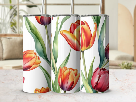 Three tumblers with a red and orange tulip floral pattern.