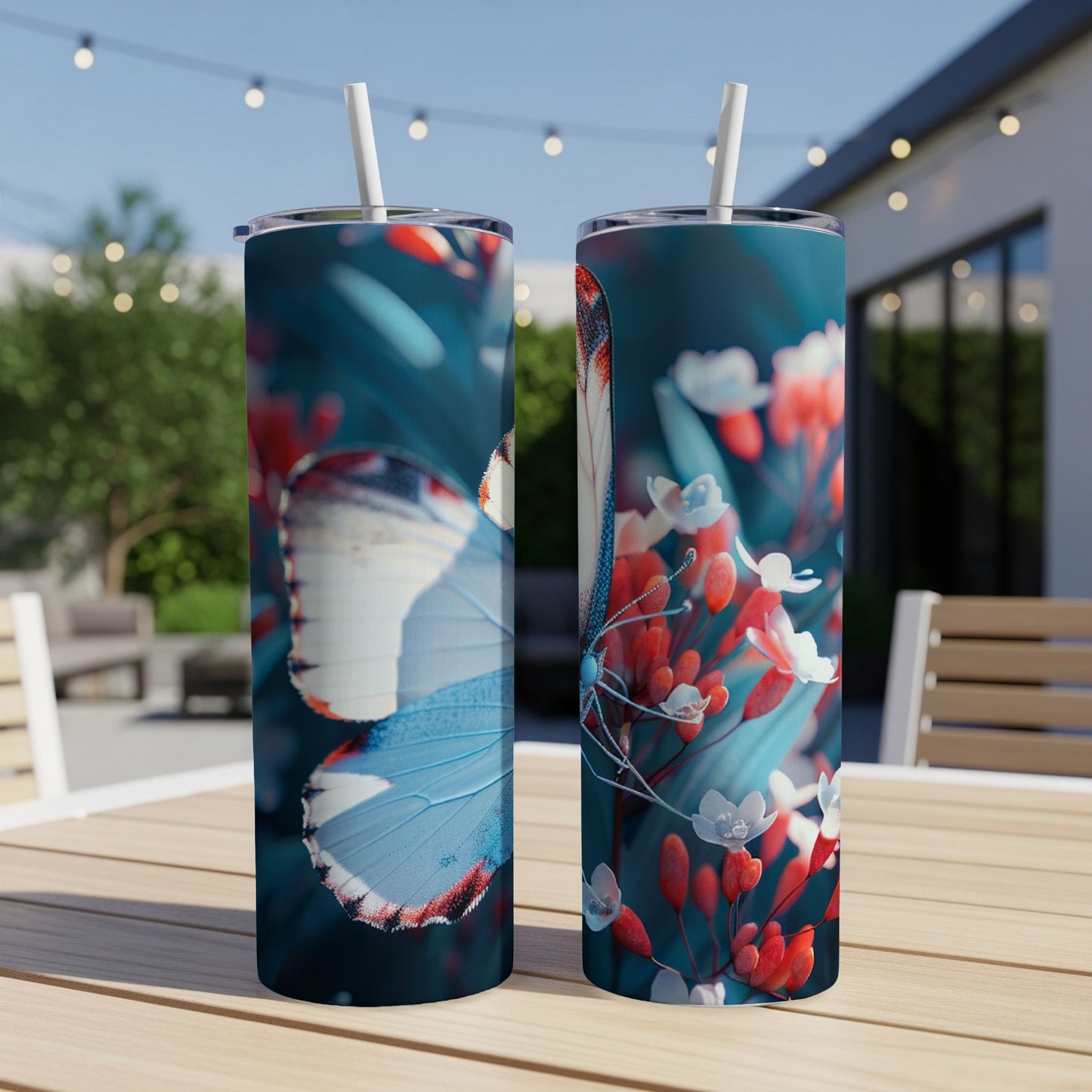 Two tumblers with a butterfly and floral design, set outdoors.