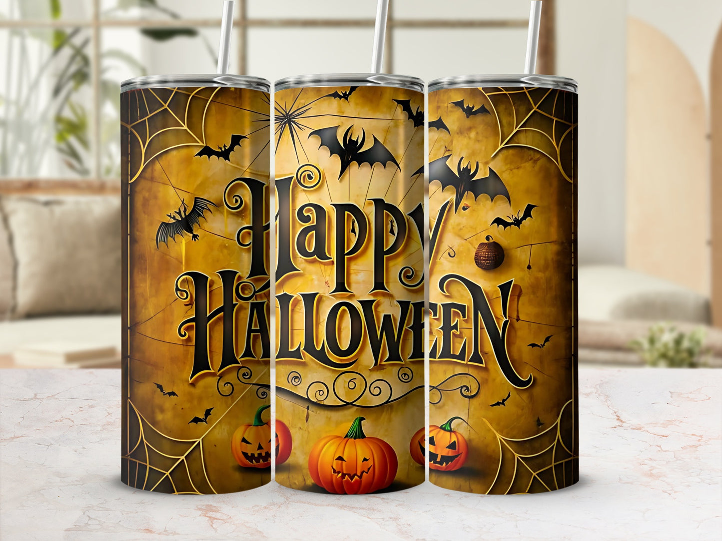 Three Halloween tumblers with bats, spiderwebs, pumpkins, and "Happy Halloween" text.