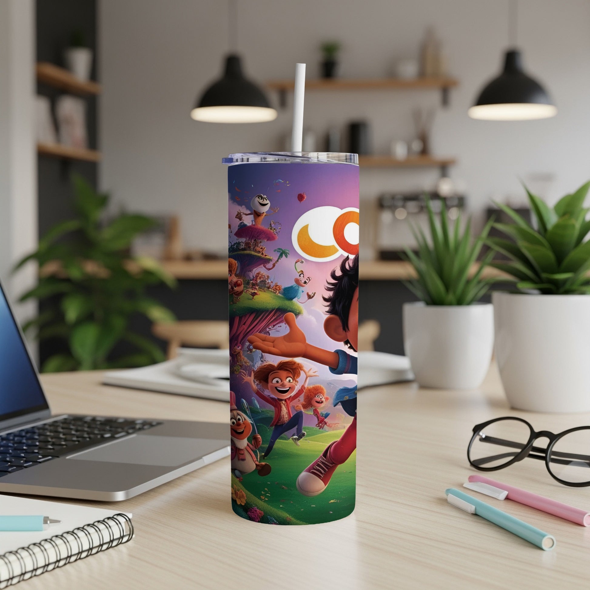 Animated characters from a vibrant cartoon on a colorful skinny tumbler.