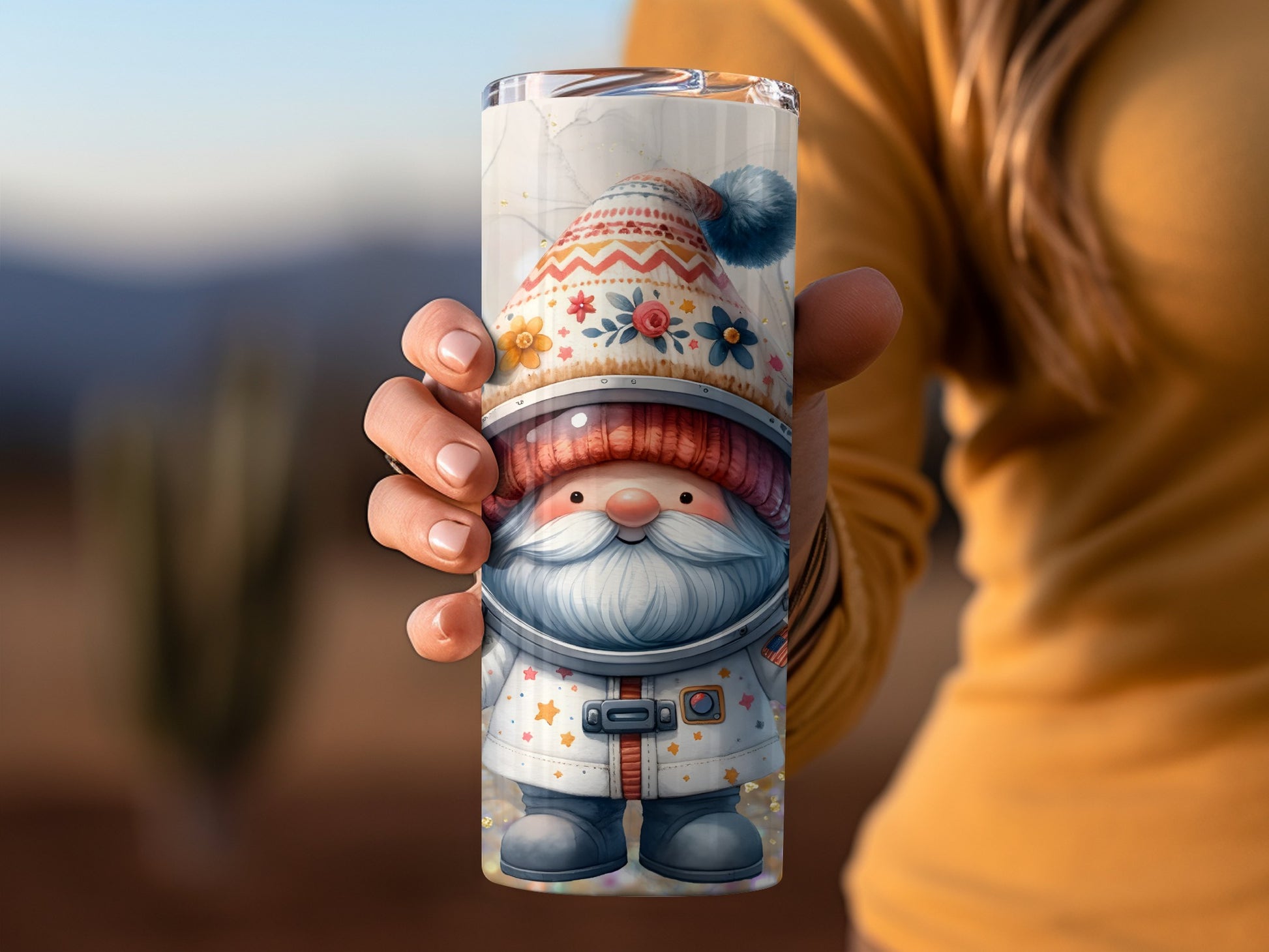 Adorable Space Gnome with Floral Hat Tumbler Cup