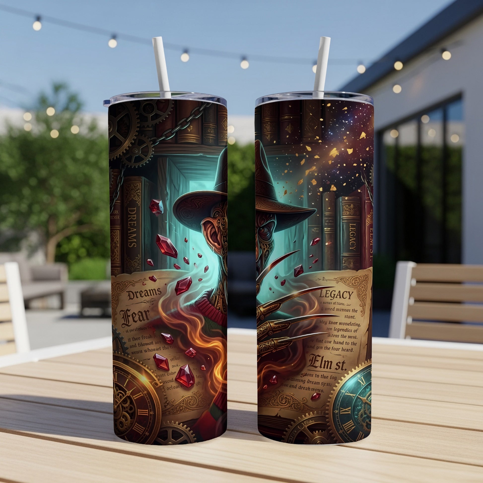 Two tumblers with Freddy Krueger, gears, books, and text fragments.