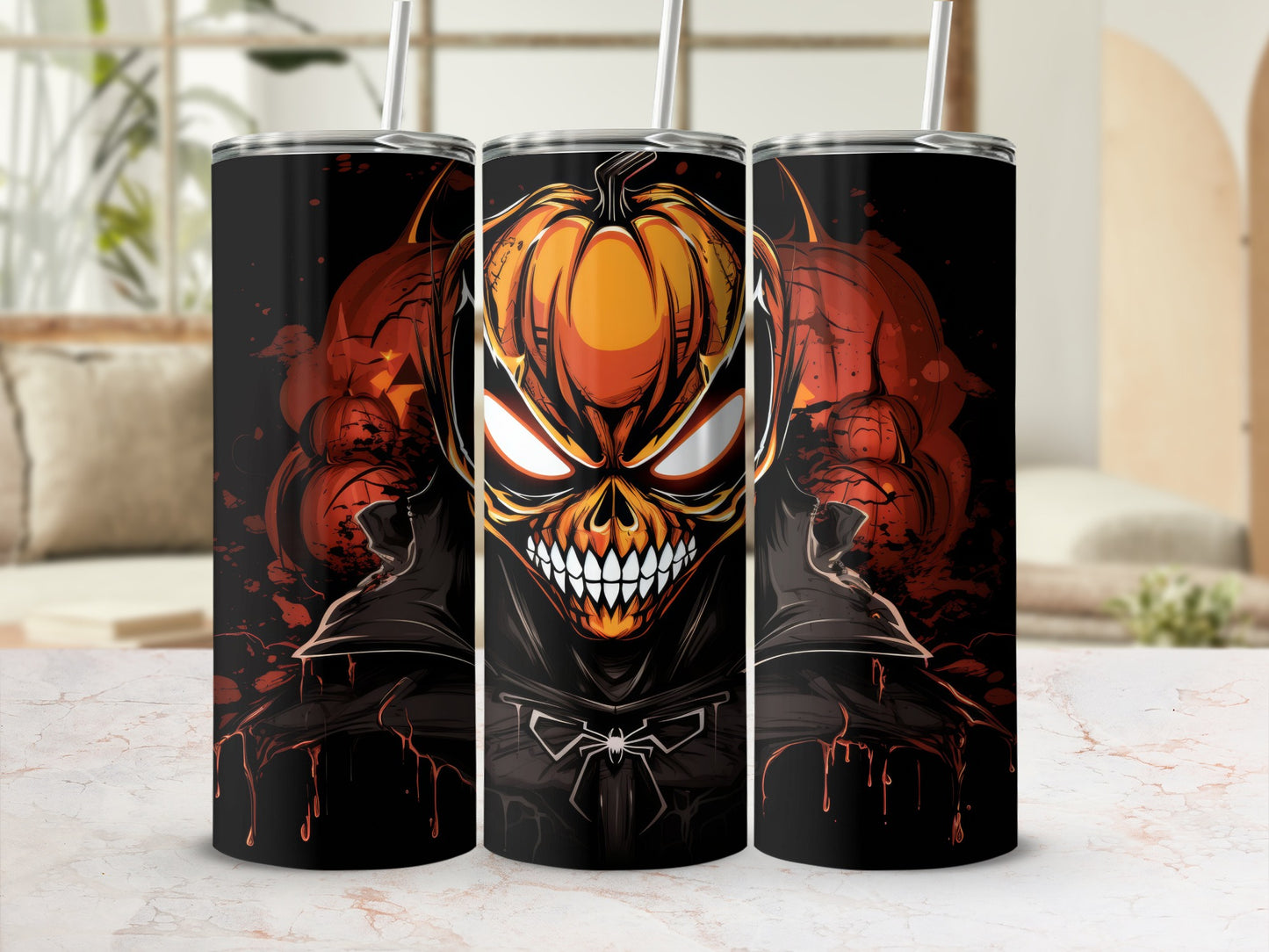 Three tumblers with a Halloween pumpkin skull design and spider bowtie.