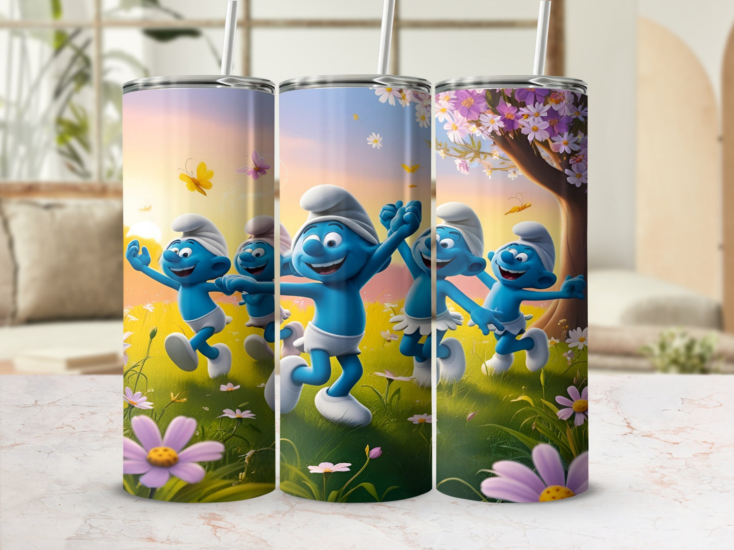 Cartoon Smurfs dancing in a sunny field with flowers and butterflies.