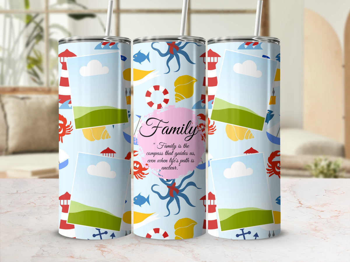 Beach-themed tumbler with lighthouses, sea creatures, and the quote "Family is the compass."