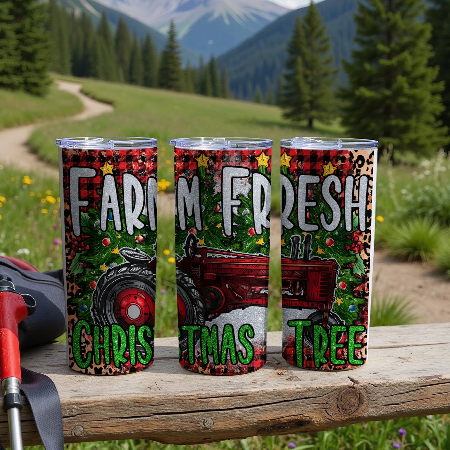 Farm Fresh Christmas Tree tumbler with red tractor and plaid border.