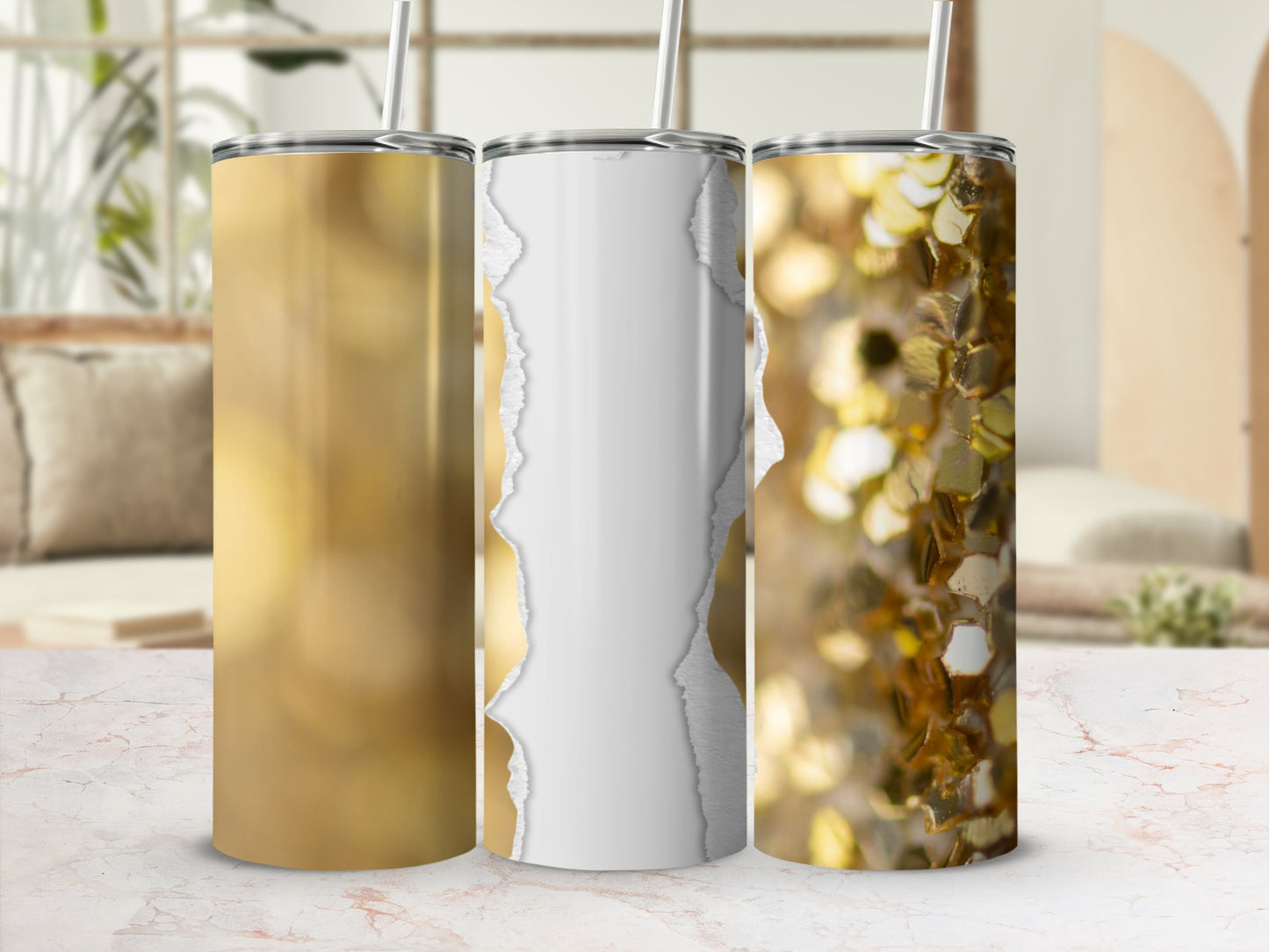 Three tumblers: one gold, one white with torn paper, one gold glitter.
