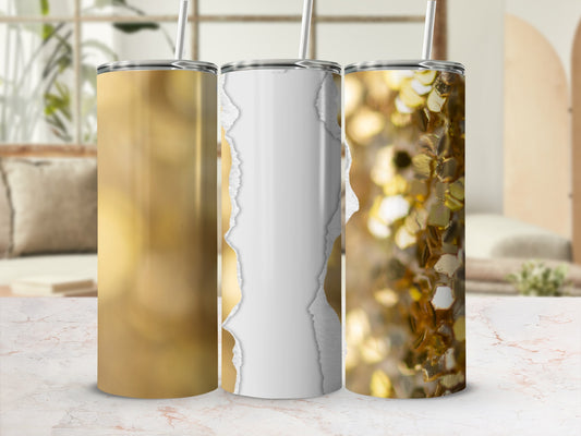 Three tumblers: one gold, one white with torn paper, one gold glitter.