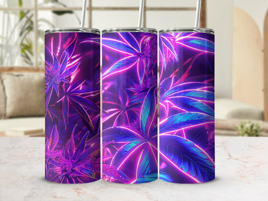 Three tumblers with glowing purple and blue cannabis leaf design.