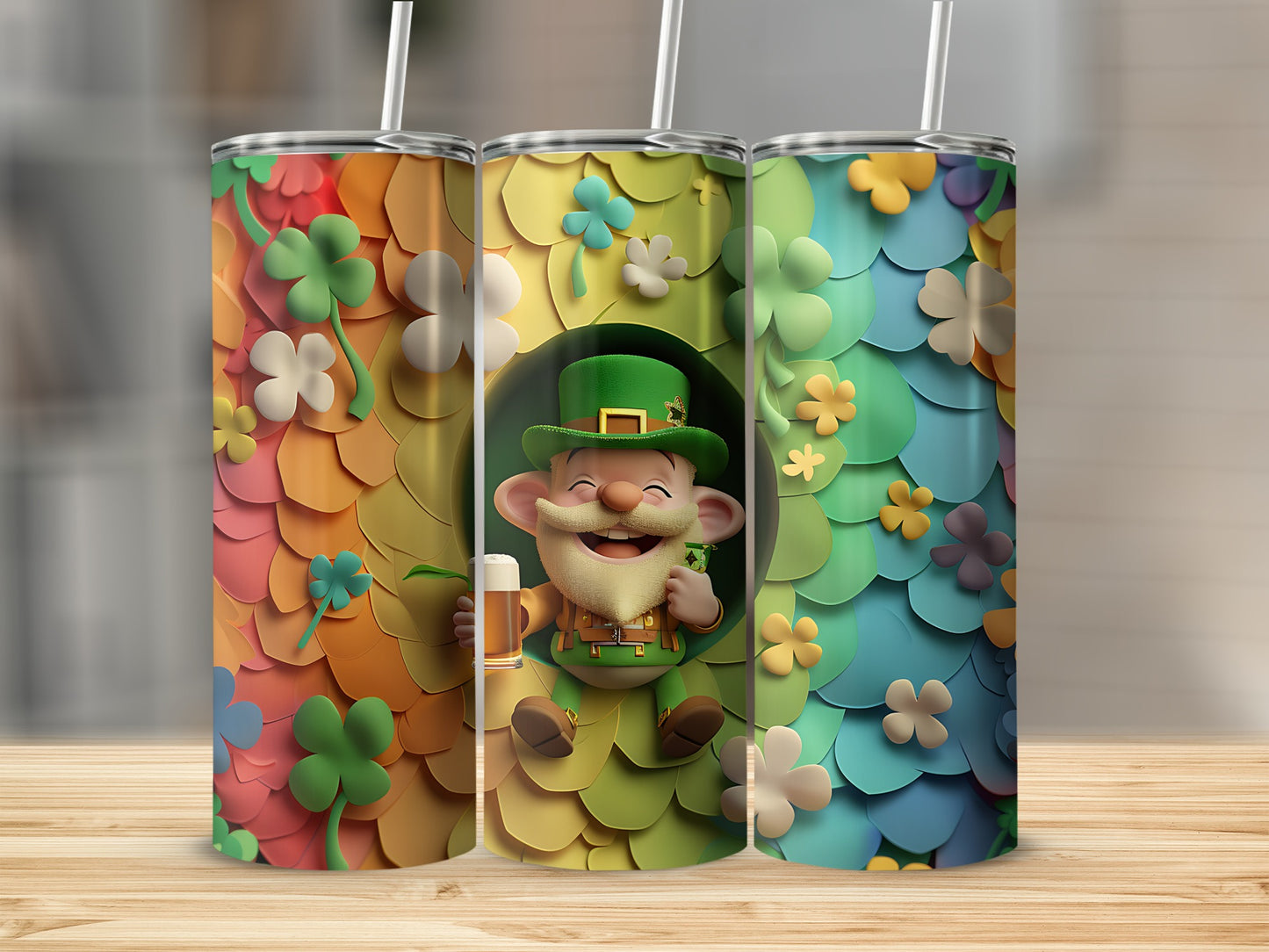 Three tumblers with St. Patrick's Day themes, featuring a leprechaun.