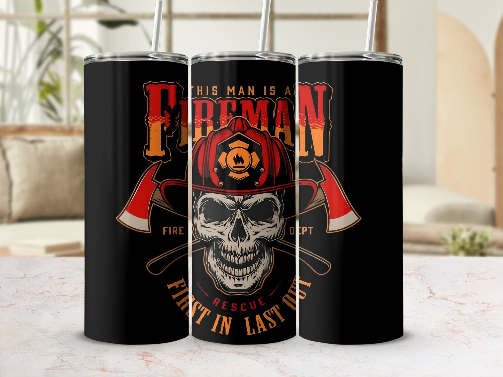 Fireman Rescue First In Last Out Skull Design Tumbler