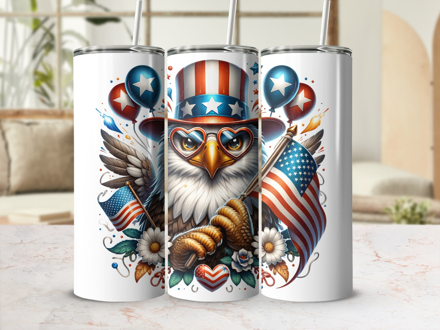 Eagle in patriotic hat and sunglasses holding American flags and balloons.