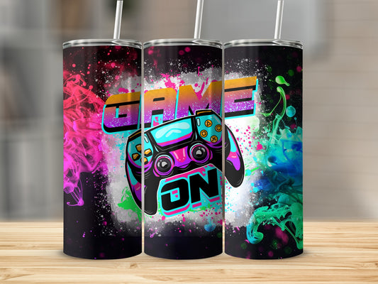 Game On Neon Colors Tumbler Cup Gaming Drinkware Accessory