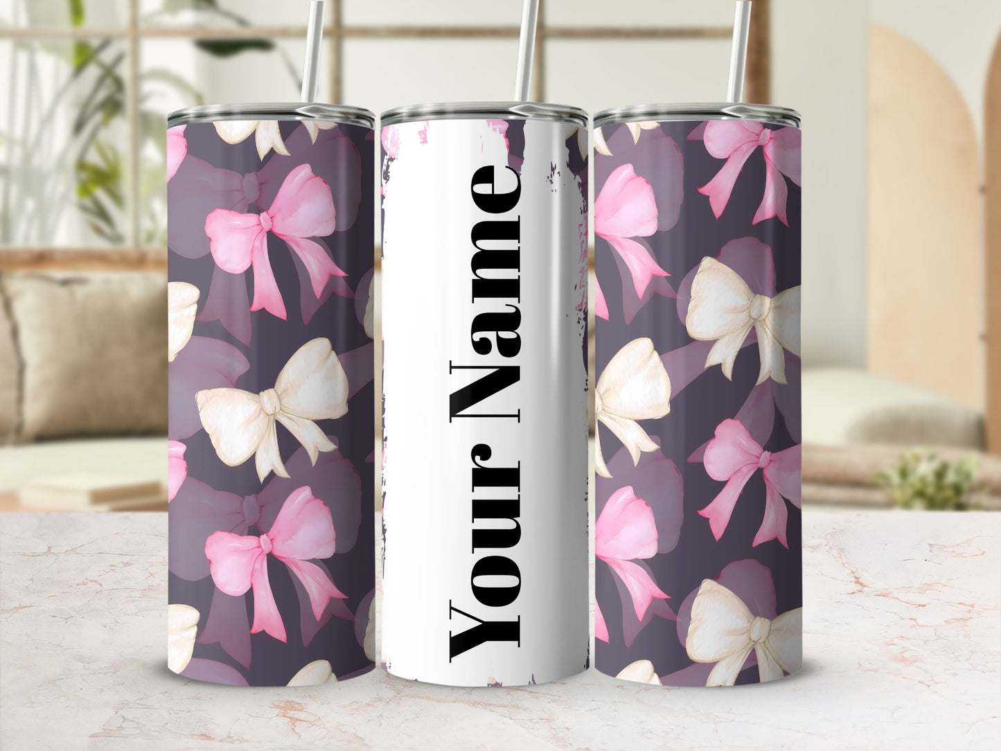 Personalized Pink and White Bows Custom Tumbler Cup