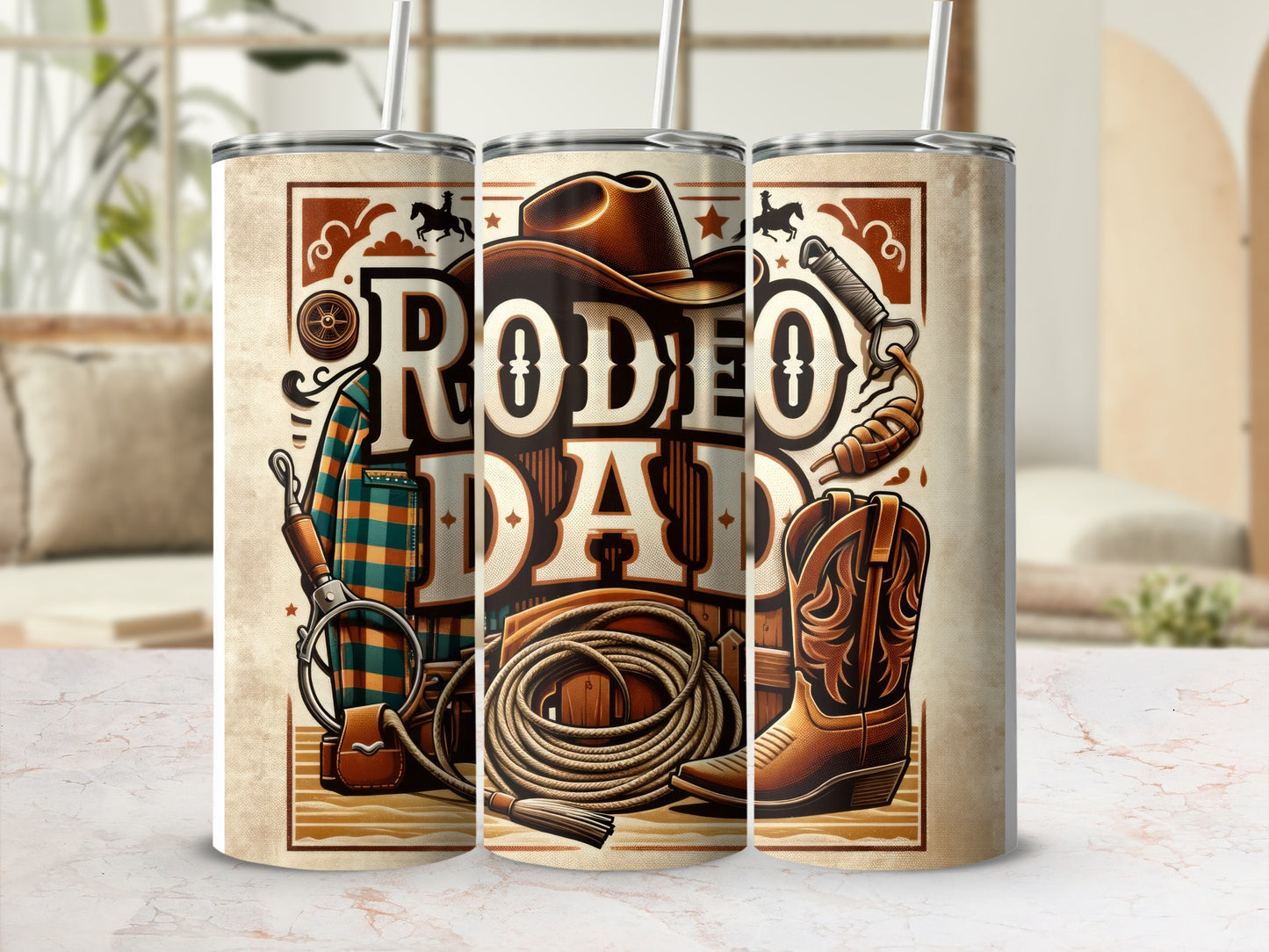 Tumbler with rodeo dad text and cowboy boot, rope, and plaid shirt graphics.