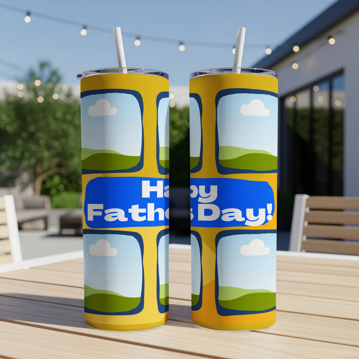 Yellow tumblers with blue banner reading "Happy Father's Day" and cartoon clouds.