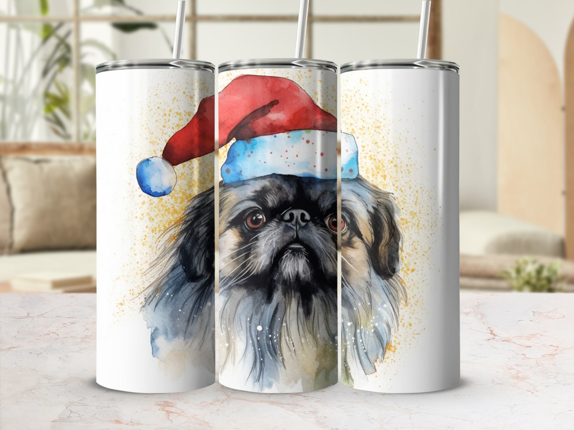 Watercolor Pekingese dog wearing a Santa hat on a tumbler.