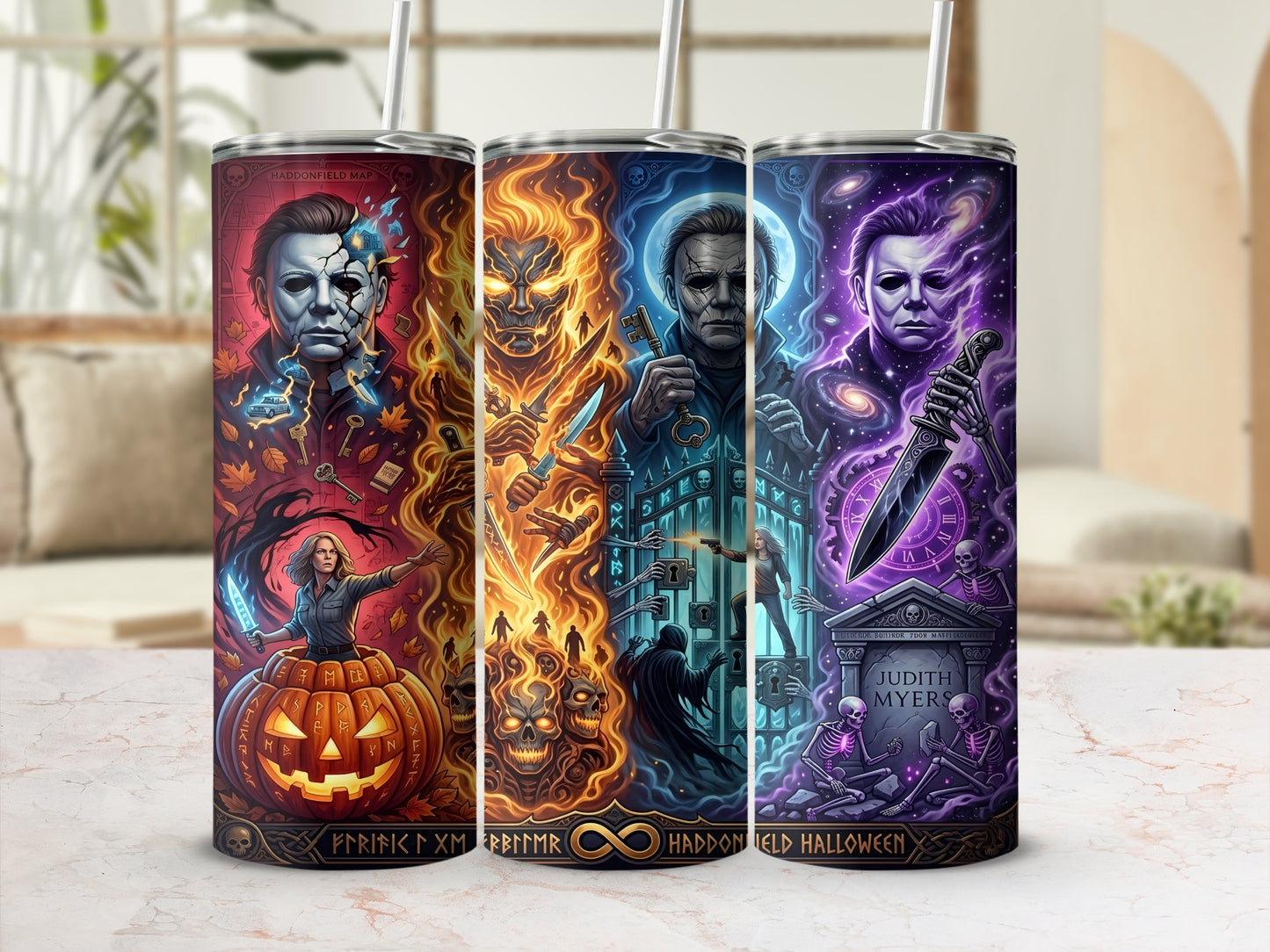 Three tumblers with Halloween-themed artwork depicting Michael Myers and other horror elements.