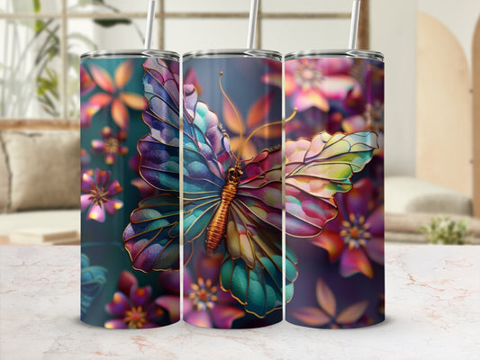 Three tumblers with colorful butterfly and floral designs, displayed on a marble surface.