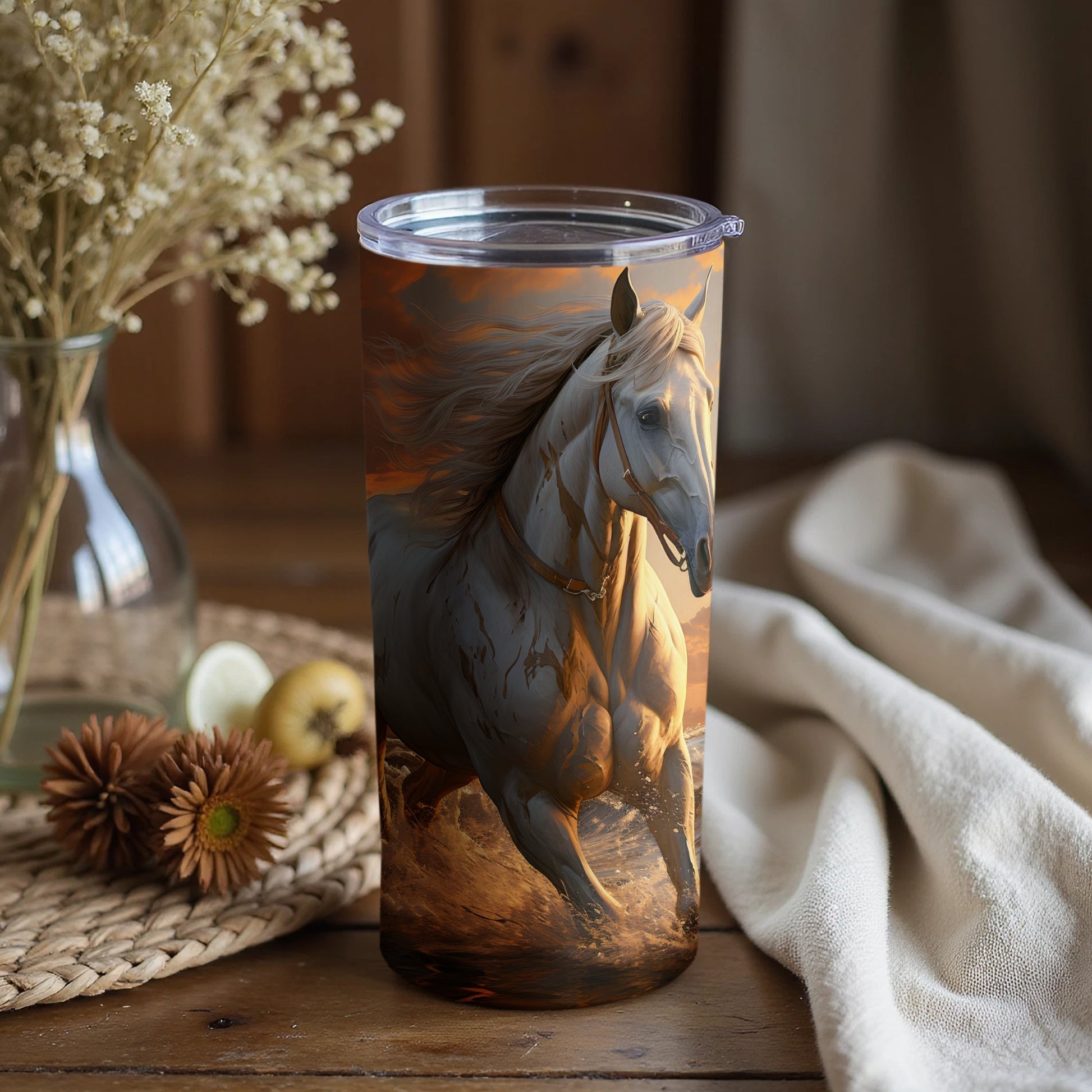 Majestic Running White Horse Travel Tumbler Product