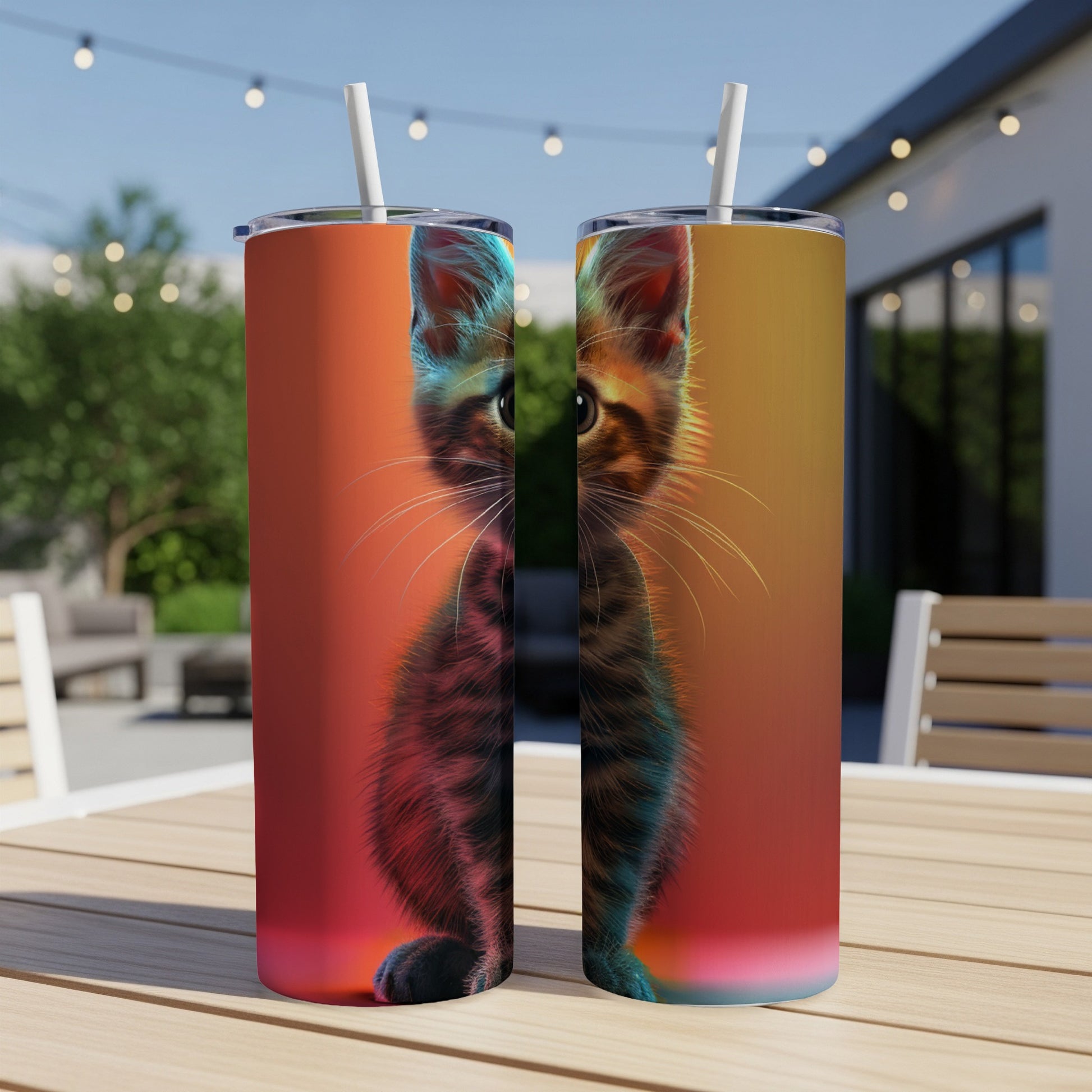 Two tumblers with a kitten design in gradient orange and red.