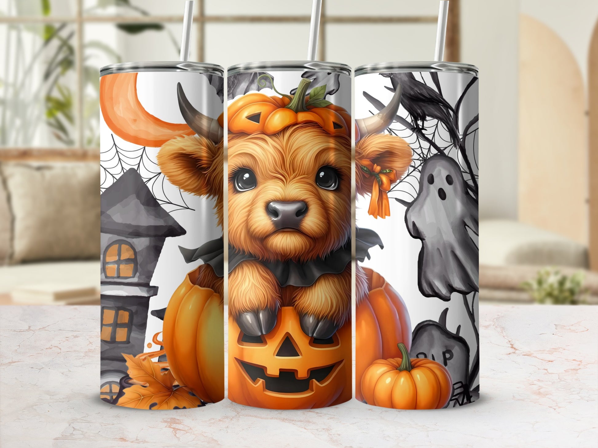 Adorable Halloween Themed Tumbler with Cute Highland Cow
