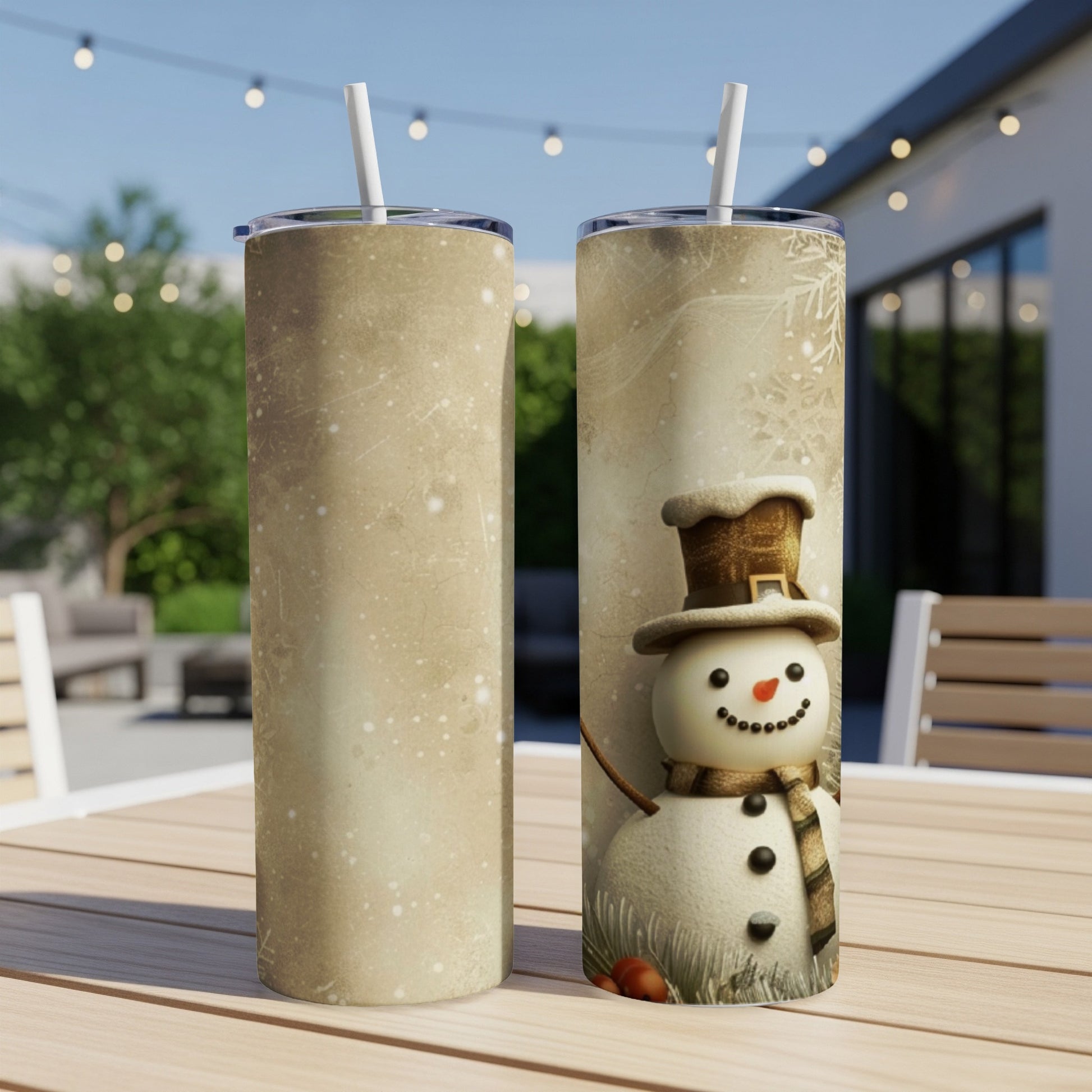 Two tall tumblers with a vintage snowman design and straw.