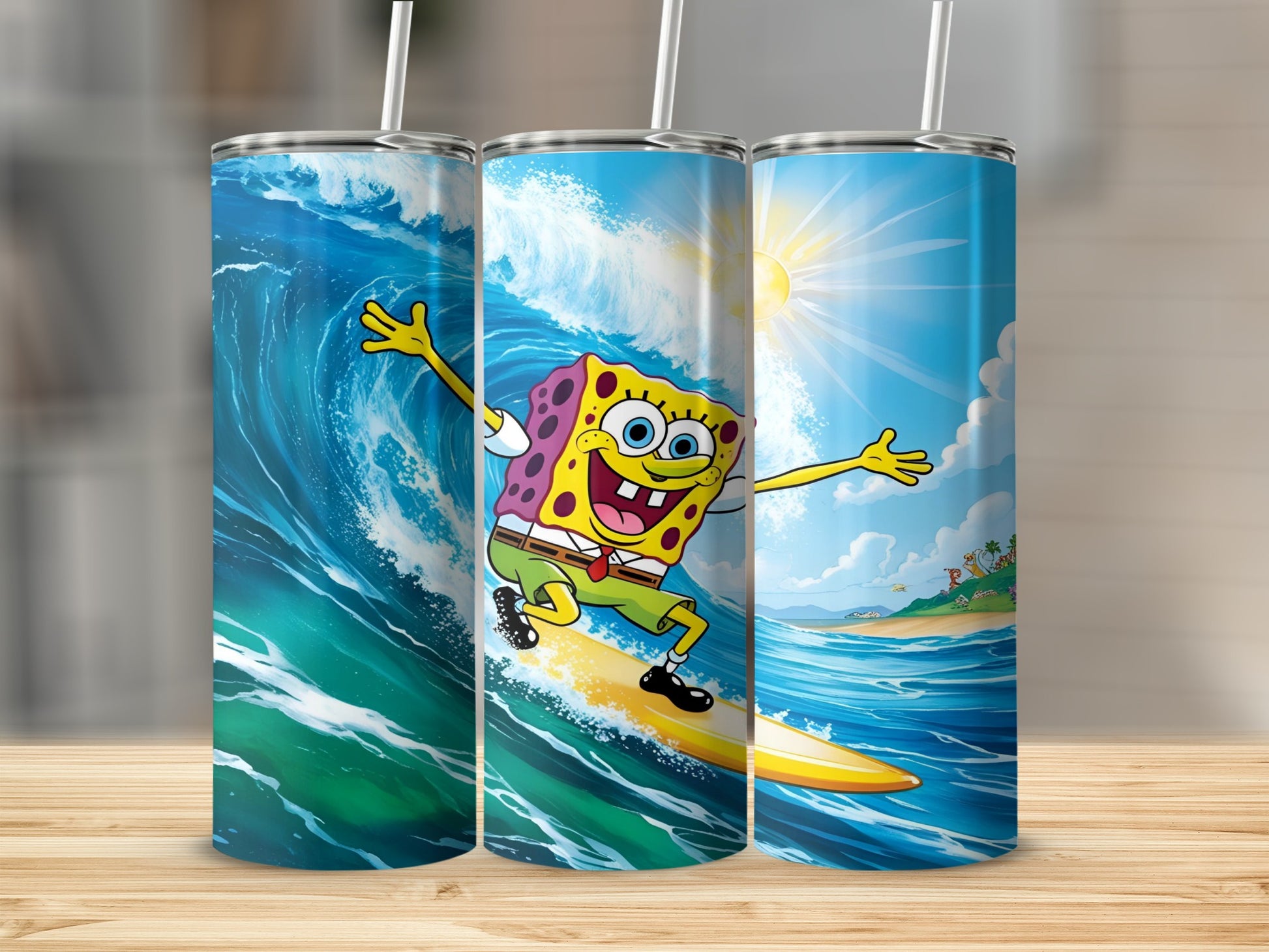 SpongeBob SquarePants surfing on a yellow surfboard in a large ocean wave.