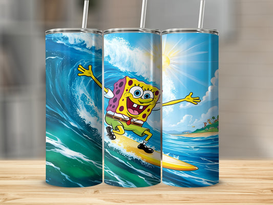 SpongeBob SquarePants surfing on a yellow surfboard in a large ocean wave.